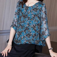 blue chiffon t shirt womens 2021 summer new large size casual printed short sleeve top casual tees harajuku