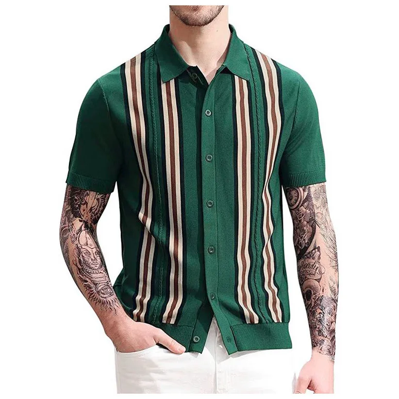 

ISHOWTIENDA Shirts for Men Casual Short Sleeve Knit Shirt Vintage Stripe Lapel Collar Shirt camisetas hombre 2022