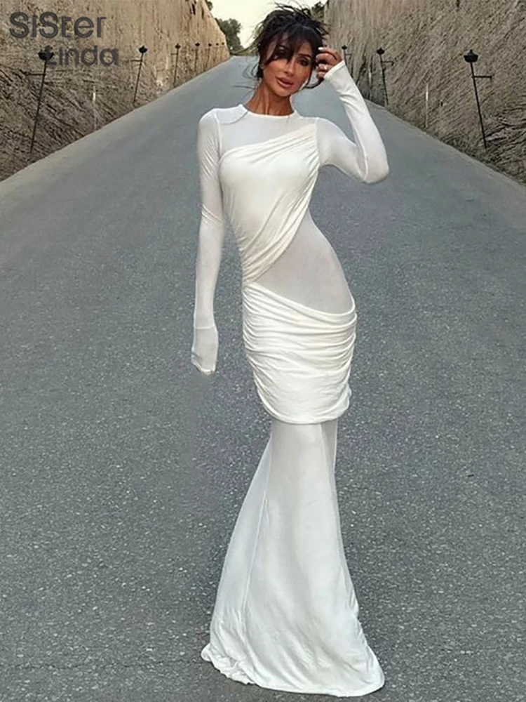 Женское приталенное платье Sisterlinda однотонное шелковое до щиколотки с длинным