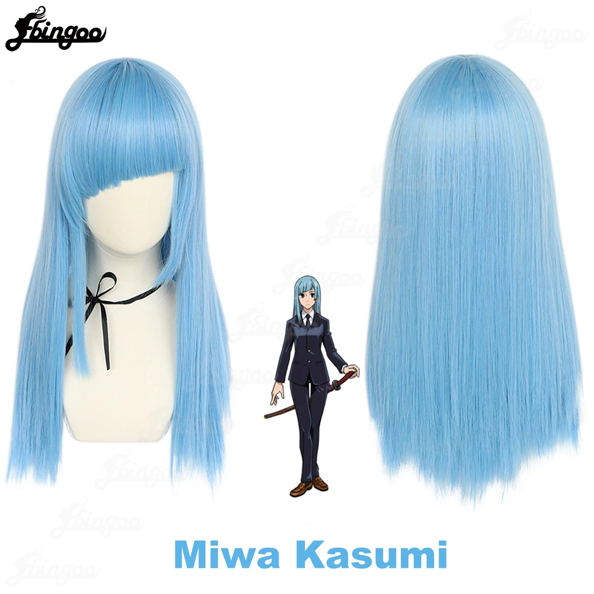 Ebingoo Synthetic Wig Jujutsu Kaisen Miwa Kasumi Cosplay Wigs Long Blue Straight with Bangs Hair Adult Carnival Halloween Party