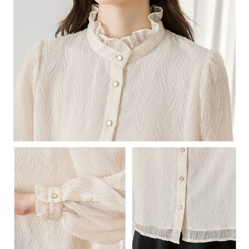 Новая женская рубашка с длинным рукавом однотонная рюшами блузка женские топы