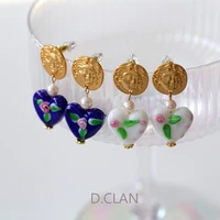 d clan enamel glaze flower heart portrait coin cute romantic pearl stud earring french style ins fashion fine jewelry gift women