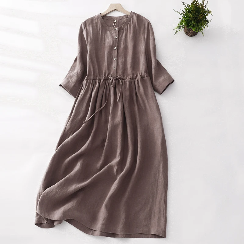 New Cotton Linen Cropped Sleeve Half Buttons Drawstring  Midi Long Dress Casual Loose Spring Summer 2023.