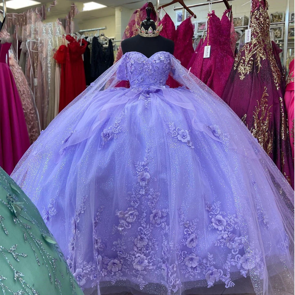 

ANGELSBRIDEP Lavender Ball Gown Quinceanera Dresses For 15 Years Old Party 3D Flower Cinderella 16 Princess Gowns With Wrap