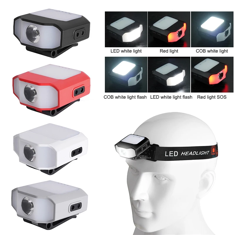 

Sensor Cap Clip on Light Headlight 6 Modes COB LED Headlamp USB Charging Head Lamp for Outdoor Camping Hiking Running Fishing