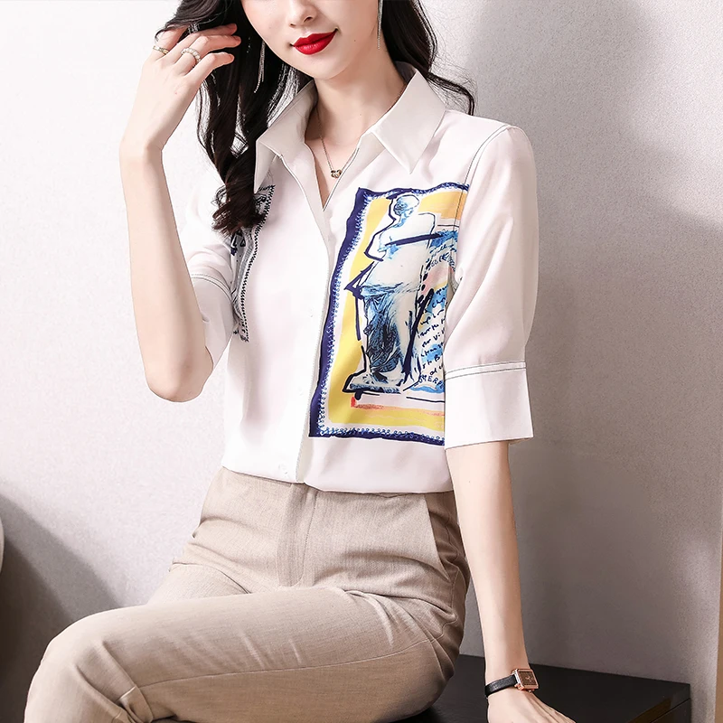 

2022 New Design Summer Season Woman Top Female Button Up Shirt Korean Fashion V-Neck Half Long Sleeve Office Lady Bloueses