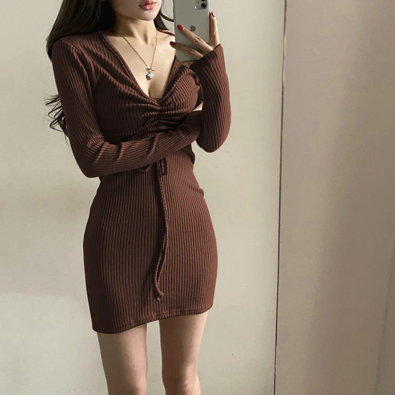 Женское трикотажное платье-свитер TVVOVVIN элегантное облегающее с V-образным