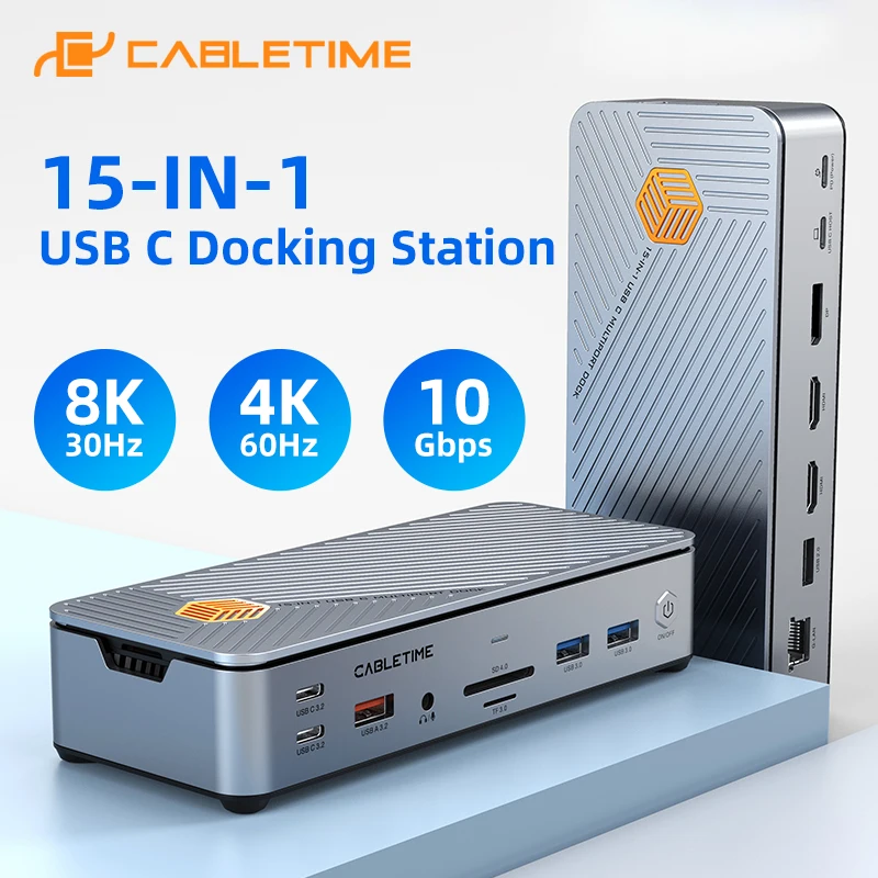 Фото Док-станция CABLETIME USB C HUB USB C до 8K 4K HDMI DP 1000 Мбит/с PD 100 Вт USB3.0 для Macbook MacOS Windows Tablet Laptop №1