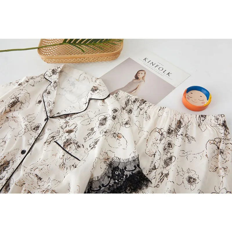 Лето 2024 Женский Атласный пижамный комплект из двух предметов с кружевными