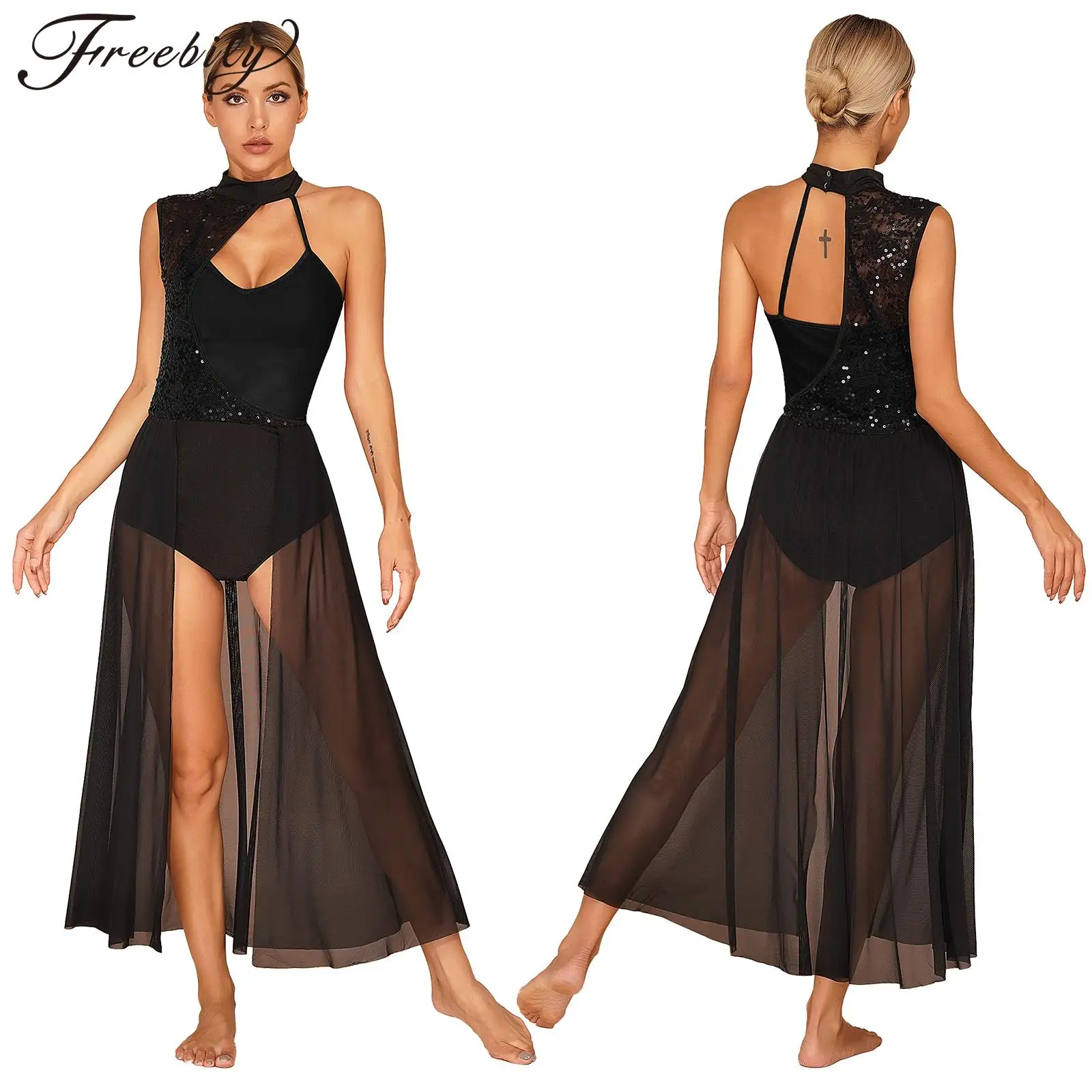 

Women Modern Lyrical Dance Dress Ballet Gymnastics Leotard Dress Figure Skating Performance Costume Shiny Sequin Sheer Dancewear
