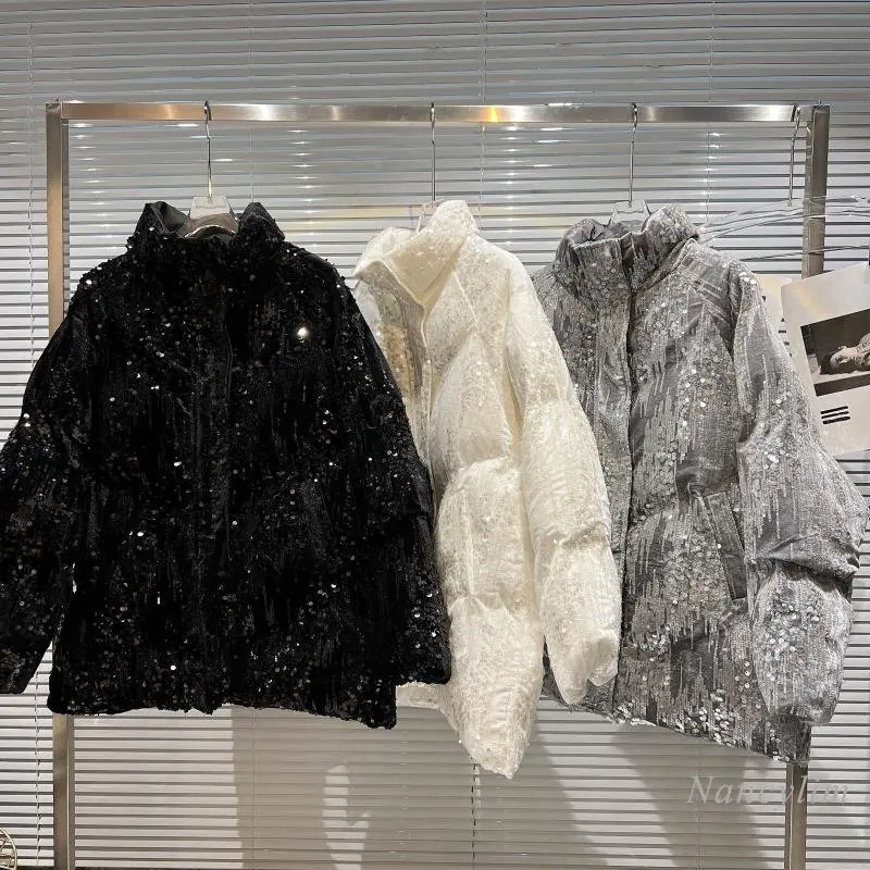 Black Sequins Velour Parka for Women 2022 Winter Wear New Gradient Shiny Sequined Velvet Warm Long Sleeves Cotton Coat Silver