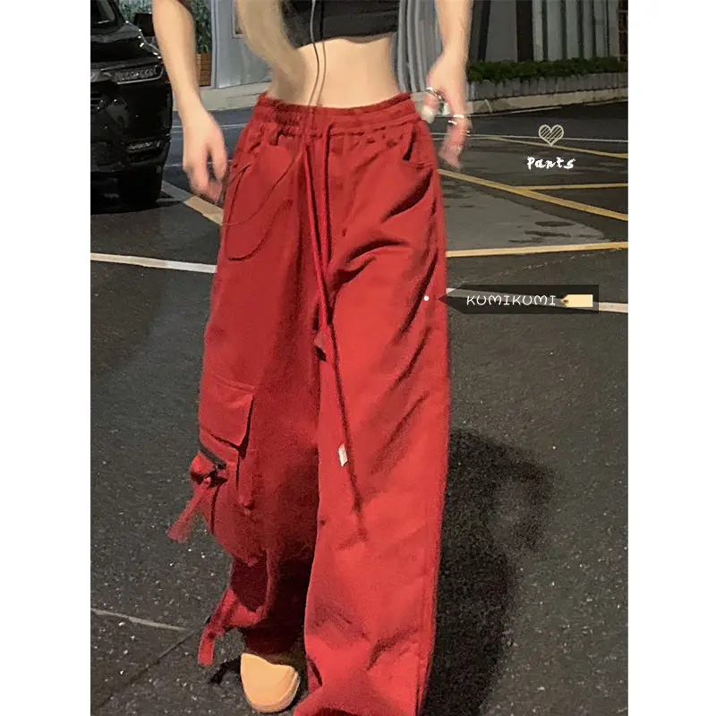 

MINGLIUSILI Red Cargo Pants Women Loose Wide Leg Pants 2022 Autumn New Korean Fashion Street High Waist Straight Trousers