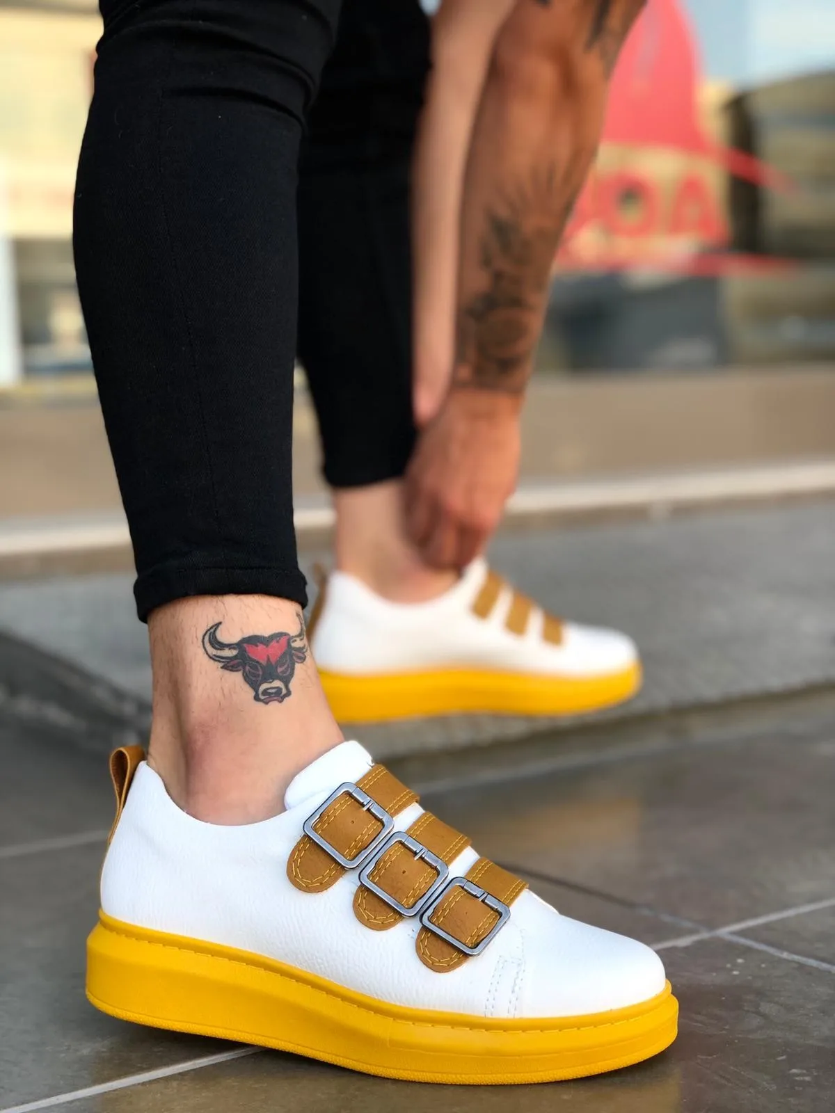 

BveA Store men's fashion spring summer winter comfortable daily Erb White Yellow Buckled Thick Outsole Shoe