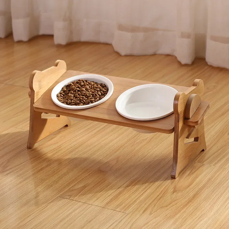 

Feeder Ceramic Wooden Pet Bowl Bowl Cute Stand Dog Raised Table Pets Cat Double Supplies Water Food Dish