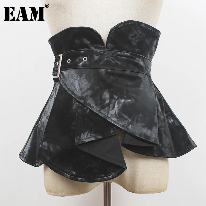 [EAM] Black Irregular Ruffles Buckle Long Wide Belt Personality Women New Fashion Tide All-match Spring Autumn 2023 1DF2907