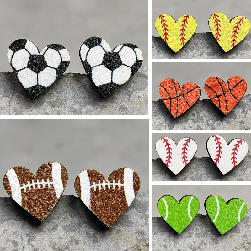 Funny Cute Heart Football Wooden Stud Earrings for Women Fashion Cool Soccer Rugby Basketball Baseball Girl Earring Accessories