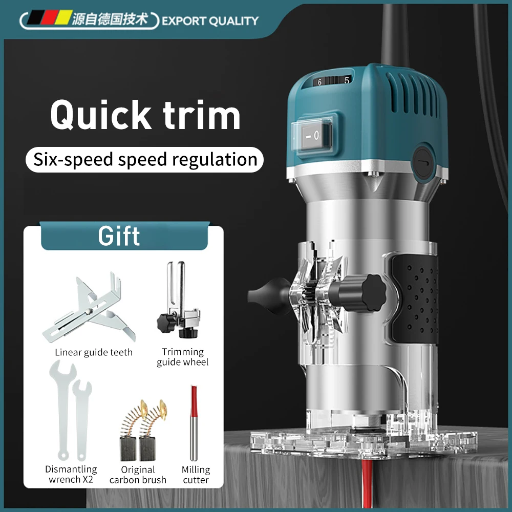 Six-speed Speed Regulation 30000rpm 6.35mm Electric Trimmer 110V/220V Wood Router Machine Woodworking Wood Carving Milling Tools