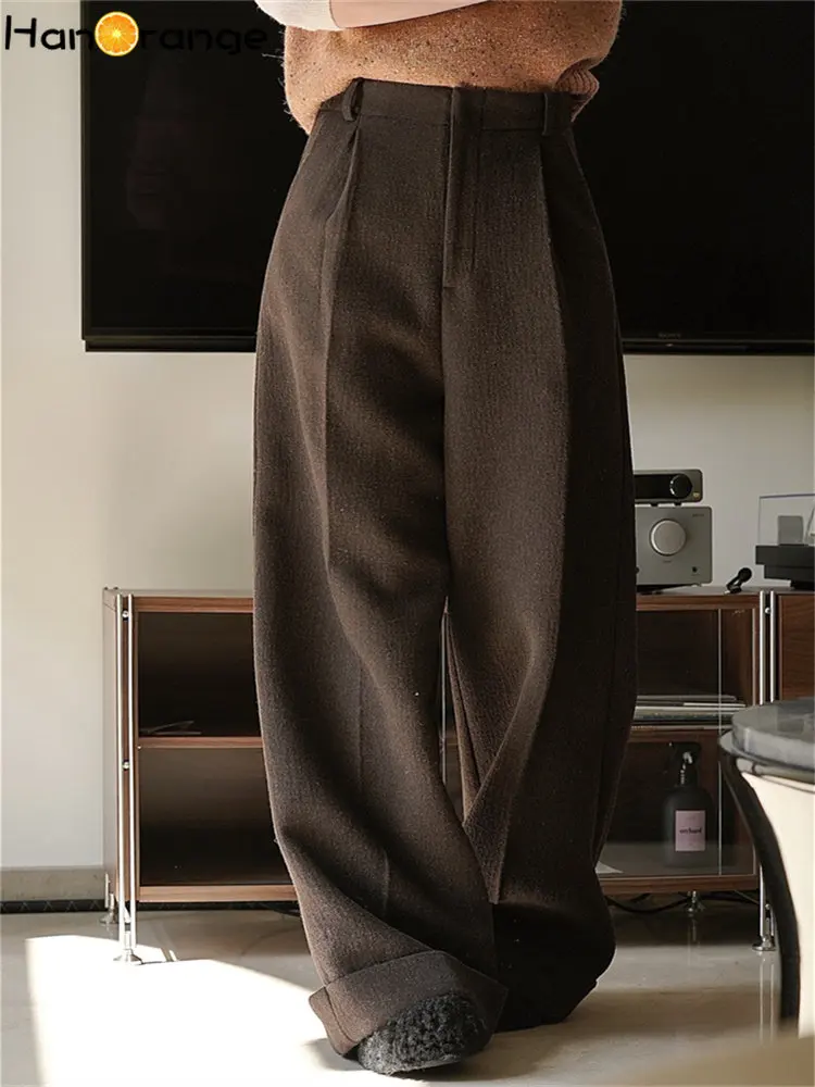 HanOrange 2022 Winter Simple Wool Tweed Wide Leg Pants Women High Waist Loose Silhouette Warm Trousers Dark Coffee/Grey Apricot