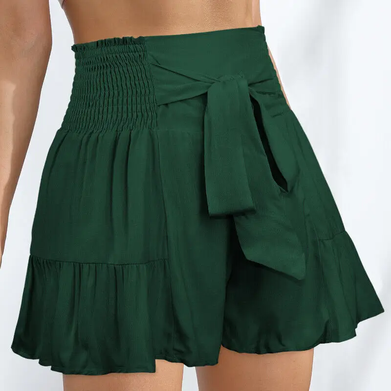 Women Wide Leg Casual Shorts Summer All-Match Bow Tie Lace Loose Shorts Ruffle High Elastic Waist Daily Beach Holiday Wear