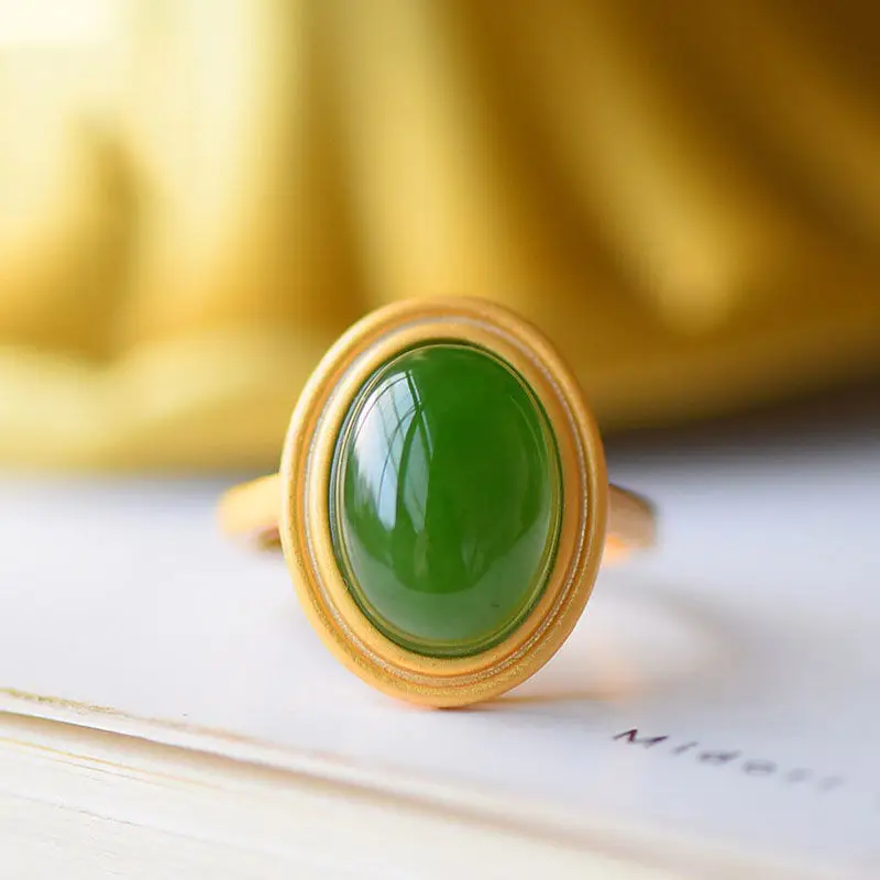 

Овальное Открытое кольцо из натурального нефрита с уникальным китайским старинным золотом, богемное очаровательное женское серебряное юв...