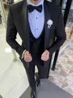 Vintage Eleagant Black Men's Suits For Wedding Prom Party Formal Wear Bespoke Tuxedo 3-Piece Jacket+Pants+Vest Terno Masculino