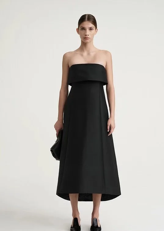 2023 Spring Women Sexy Strapless Waist A-line Dress Black Event Midi Dress