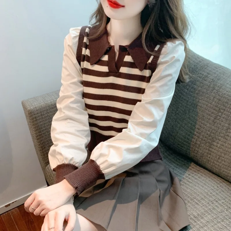 

Female Striped Sweater Knitwear 2023 Autumn Half High Collar Long Sleeve Top Korean Loose Hollow Out Knitted Pullover