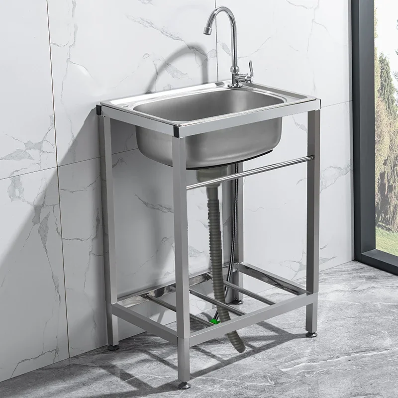 

52CM Stainless Steel Sink Kitchen Household Washing Vegetables Basin Single Sink Simple Pool Vegetable Washing Sink with Bracket