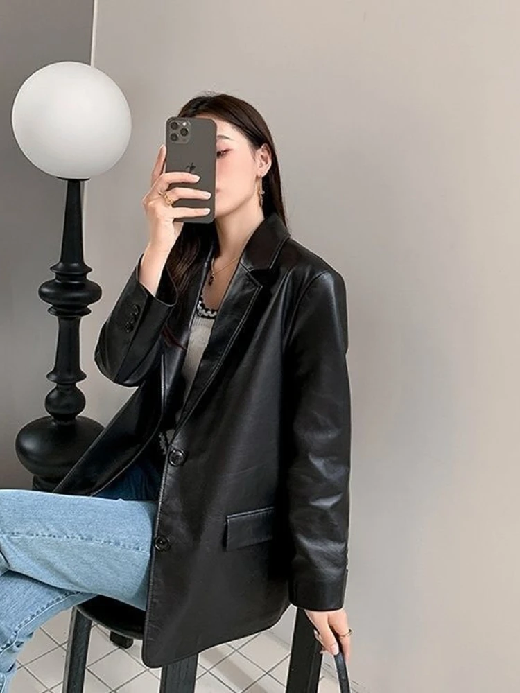 Suit Leather Jacket Women's Spring and Autumn New Casual Niche Pu Leather Premium Sense Black Suit Top Women Clothing Coat