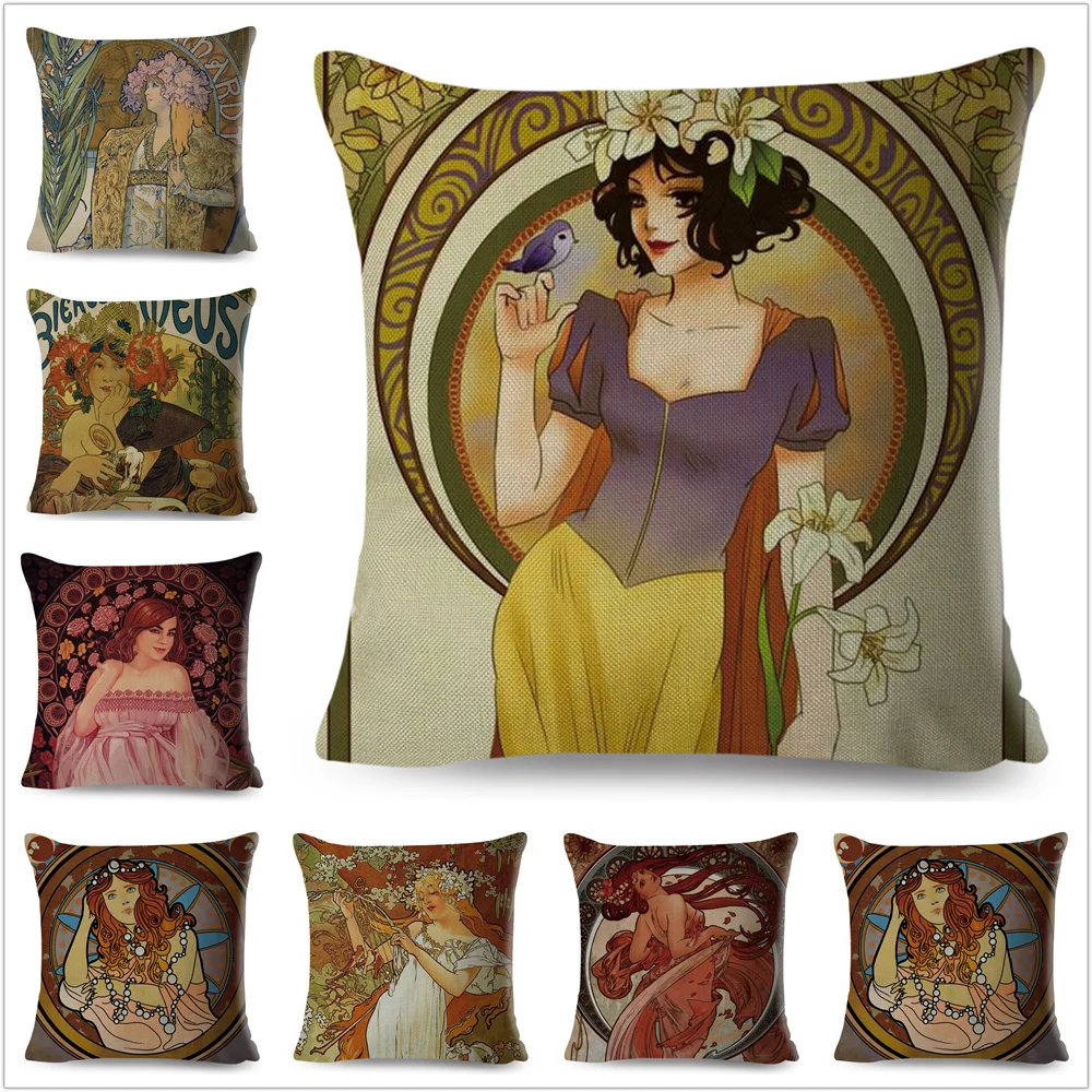 

Vintage Mucha Style Cushion Cover Decor Art Nouveau Beautiful Girl Pattern Pillowcase for Sofa Polyester Pillow Case 45x45cm