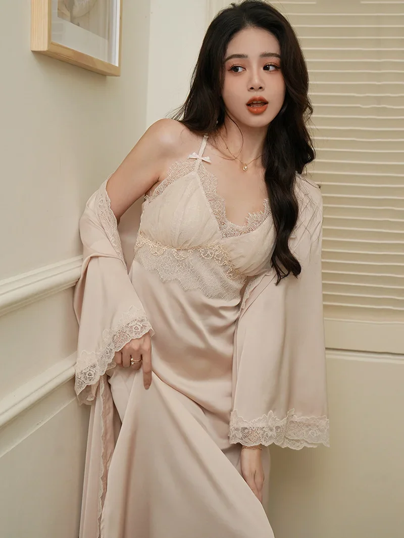 Женская шелковая ночная рубашка с длинным рукавом весна-осень