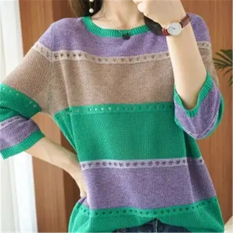 

Summer Women Knitted Short Sleeve 2022 Women's Thin Sweater Hollow Out Turtleneck Pullover Ladies Knitted Cotton Loose Jumpers