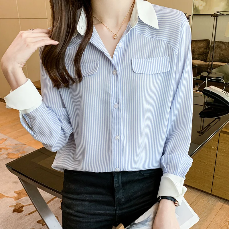 

Blusas Mujer De Moda 2022 Long Sleeve Blouse Women Blouses Shirts Spring Women Turn Down Collar Striped Blouse Shirt Tops S-2XL