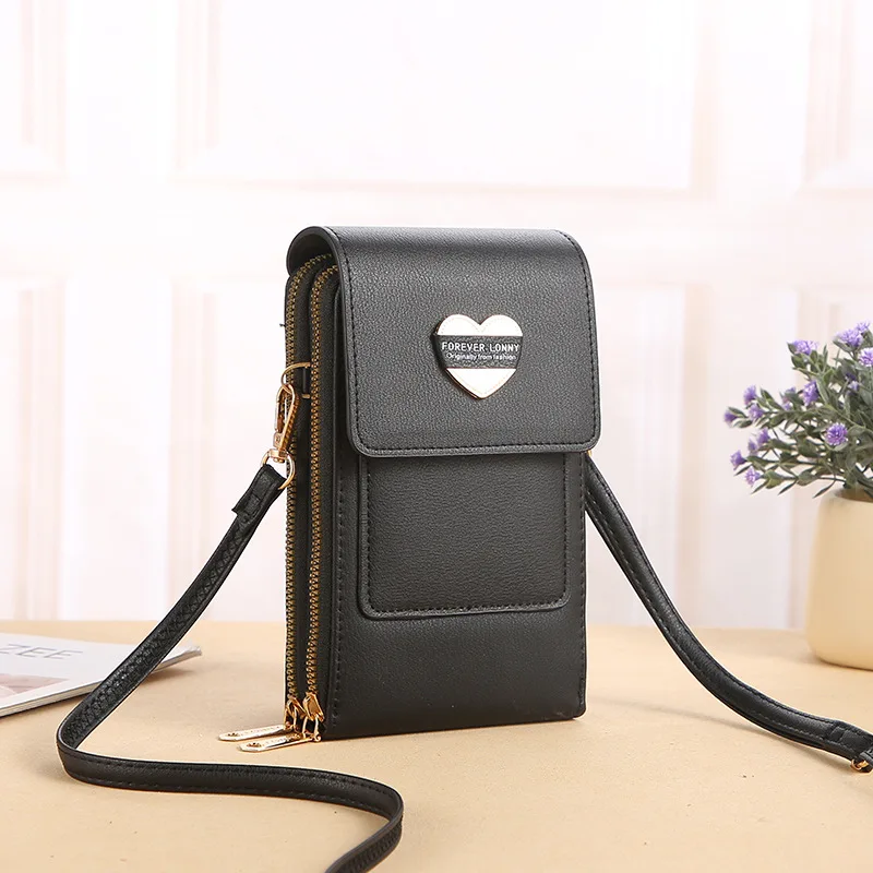 Women's Bags Soft Love Hearts Wallets Touch Screen Mobile Phone Pouch Crossbody Shoulder Handbag for Female Cheap Purse Leather