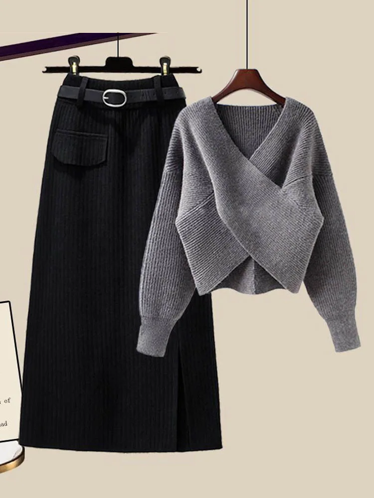 

Fall Winter Skirt Sets For Women Outfits Korean Casual V Neck Knitted Sweater And Side Split Knitting Skirt Two Piece Sets 2023