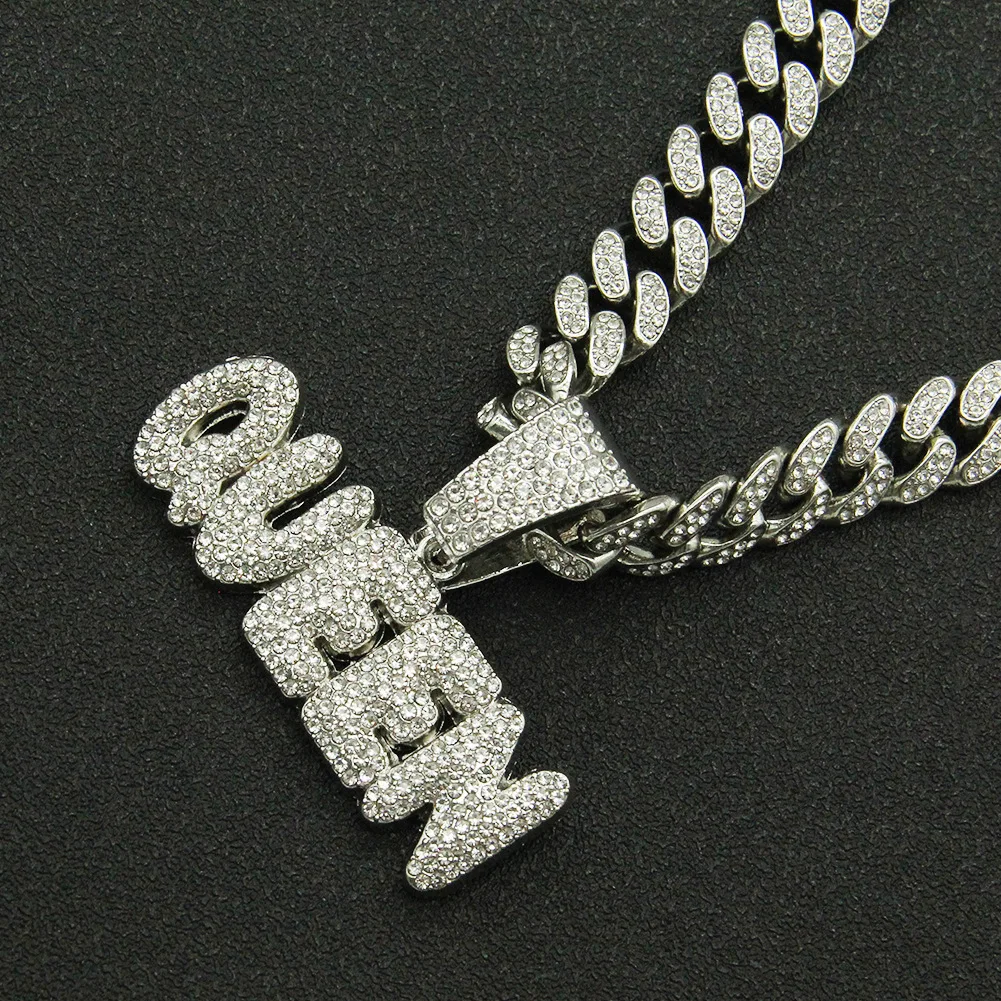 

Men Women Hip Hop KING QUEEN Letter Pendant Necklace with 13mm Miami Cuban Chain Iced Out Bling HipHop Necklaces Fashion Jewelry