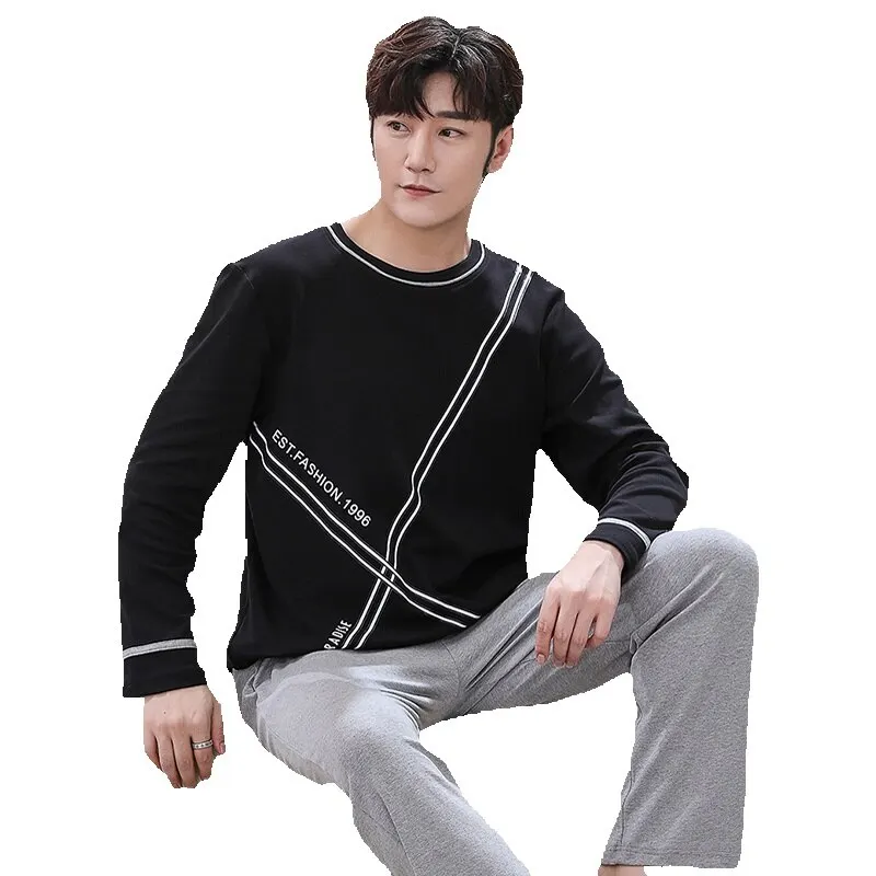 QUHENG Men Pajama Sets Cotton Pijama Round Neck Autumn Sleepwear Long Sleeve Nightwear Male 2 Pieces Sets Casual Homewear