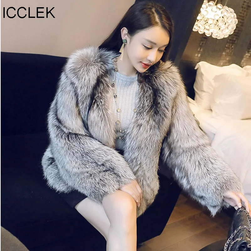 

ICCLEK Fox like fur grass coat women 2019 winter short fashion celebrity warm coat women