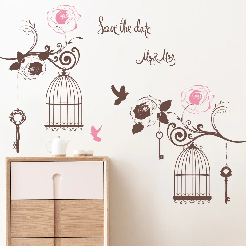 

Rose Flower Branch Bird Cage Wall Sticker Living Room Bedroom Background Home Decoration Art Decals Stickers Beautify Wallpaper