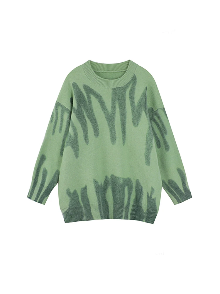 

2022 New Women Fall Winter Crew-neck Vintage Printing Knitwear Jumper Loose Casual Long Sleeve Knitted Pullover Woolen Sweater