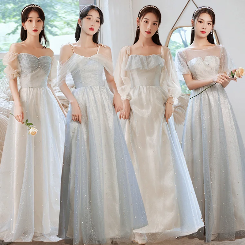 

Bridesmaid Dresses 2023 New Fairy Style Slim Blue Sen Sisters Long Sleeve Evening Dress Women's Dress Simple Wedding Dress