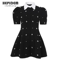 hepidem clothing summer print flower short dress women 2022 new short sleeve mesh vintage jacquard slim dress 69976