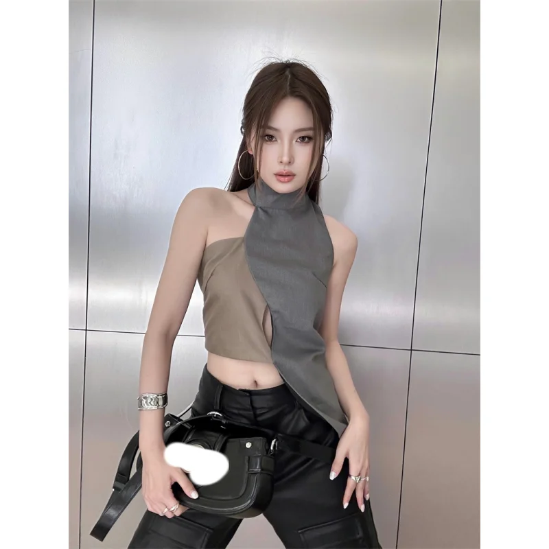 

Женская одежда, серая, без рукавов, асимметричная, с соединением, минималистичный, винтажный, Повседневный, модный, сексуальный, Y2K, новинка, летние женские короткие майки, топы