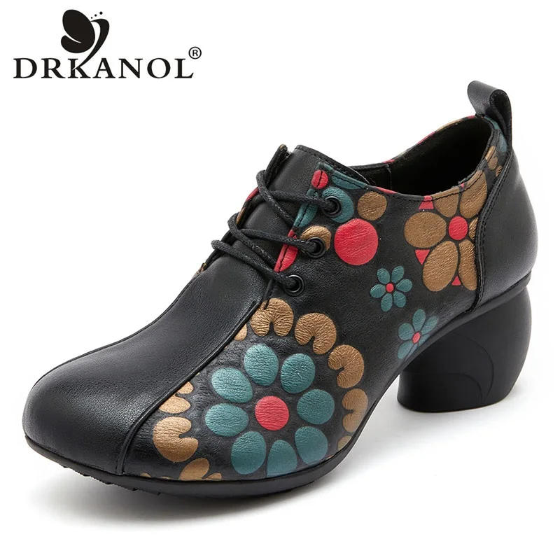 

DRKANOL 2023 Ethnic Style Women Shoes Genuine Leather Printing Thick High Heel Casual Shoes Comfort Soft Lace-Up Round Toe Shoes