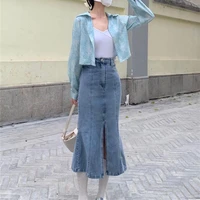 retro high waist split fishtail denim skirt summer new ins all match mid length hip skirt korean fashion women clothes