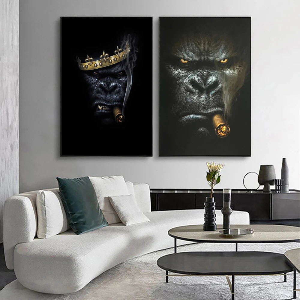 

King Gorilla Monkey Portrait Art Canvas Prints Poster Modern Animal Black Paintings Wall Decoration Pictures For Room Decor