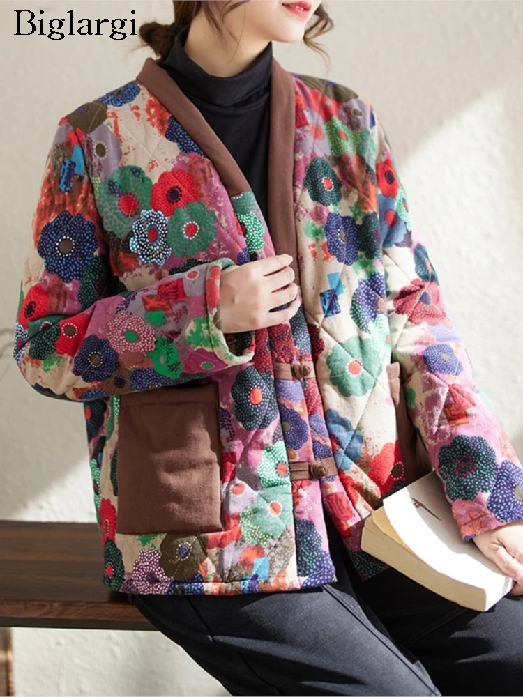 Зимнее пальто с цветочным принтом женское большого размера длинным рукавом
