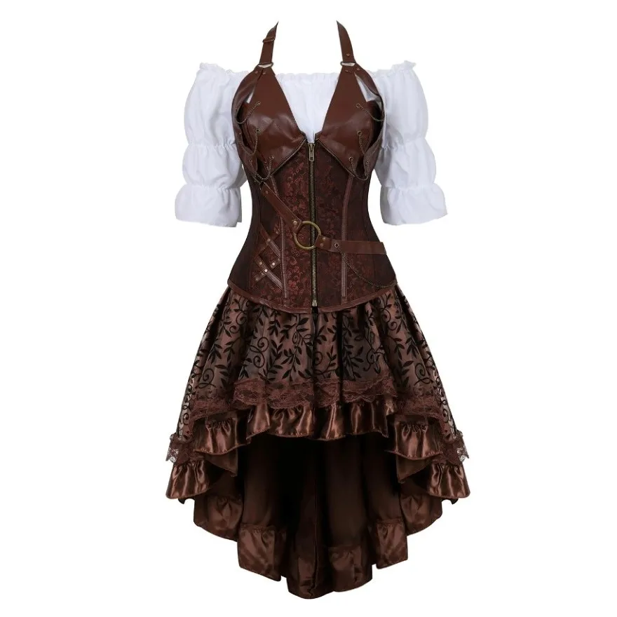 Women Steampunk Leather Corset with Skirt and Shirt 3-Piece Costume Cosplay Pirate Halloween Costume Stage Performance Clothing