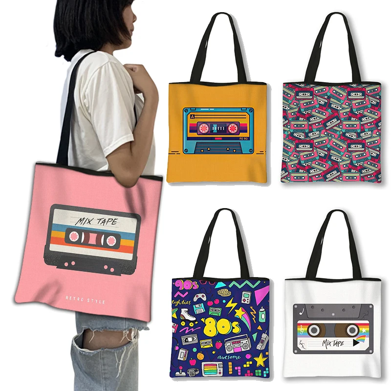 Printing Shopping Bag Back To 80s 90s Women Totes Bags Ladies Handbag Reusable Casual Shoulder Bags Gift