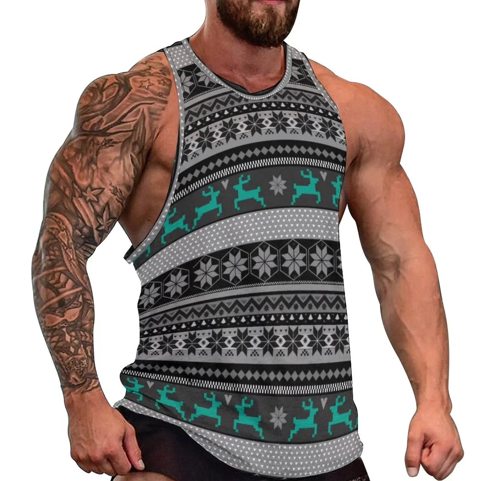 

Nordic Animal Tank Top Mens Colorful Reindeer Bodybuilding Oversized Tops Summer Trendy Pattern Sleeveless Shirts